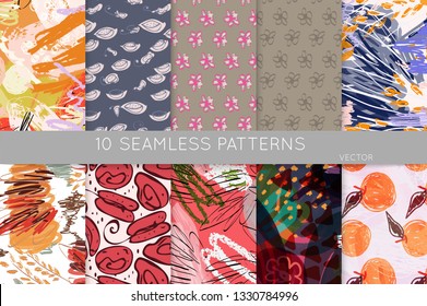 Collection of seamless patterns. Abstract design elements in set. Doodles with crayon and grunge texture roughly hand drawn.
