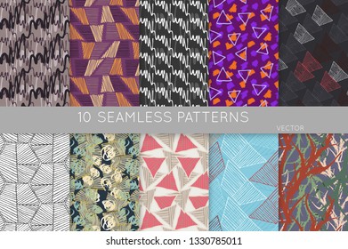 Collection of seamless patterns. Abstract design elements in set. Doodles with crayon and grunge texture roughly hand drawn.