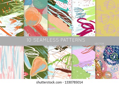 Collection of seamless patterns. Abstract design elements in set. Doodles with crayon and grunge texture roughly hand drawn.