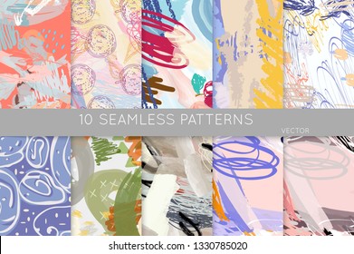 Collection of seamless patterns. Abstract design elements in set. Doodles with crayon and grunge texture roughly hand drawn.