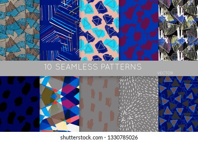 Collection of seamless patterns. Abstract design elements in set. Doodles with crayon and grunge texture roughly hand drawn.