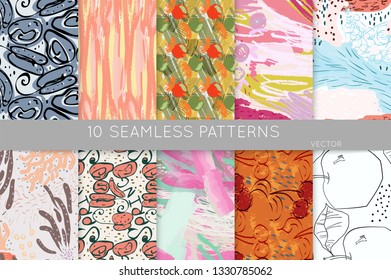 Collection of seamless patterns. Abstract design elements in set. Doodles with crayon and grunge texture roughly hand drawn.