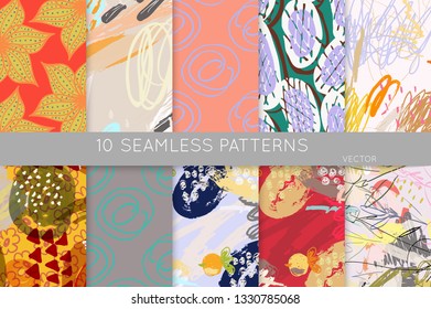 Collection of seamless patterns. Abstract design elements in set. Doodles with crayon and grunge texture roughly hand drawn.