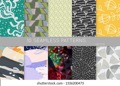 Collection of seamless patterns. Abstract design elements in set. Doodles with crayon and grunge texture roughly hand drawn.