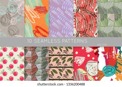 Collection of seamless patterns. Abstract design elements in set. Doodles with crayon and grunge texture roughly hand drawn.