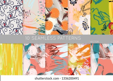 Collection of seamless patterns. Abstract design elements in set. Doodles with crayon and grunge texture roughly hand drawn.
