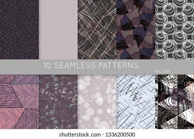 Collection of seamless patterns. Abstract design elements in set. Doodles with crayon and grunge texture roughly hand drawn.