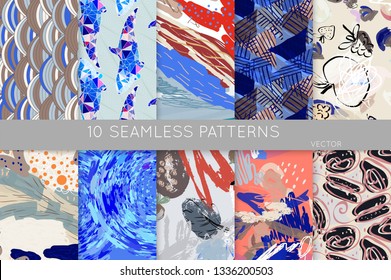 Collection of seamless patterns. Abstract design elements in set. Doodles with crayon and grunge texture roughly hand drawn.