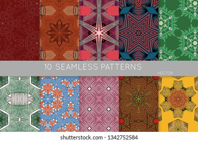 Collection of seamless patterns. Abstract design elements in set. Colored decorative repainting background with tribal and ethnic motifs 