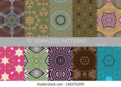 Collection of seamless patterns. Abstract design elements in set. Colored decorative repainting background with tribal and ethnic motifs 