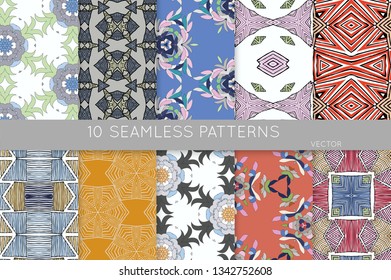 Collection of seamless patterns. Abstract design elements in set. Colored decorative repainting background with tribal and ethnic motifs 