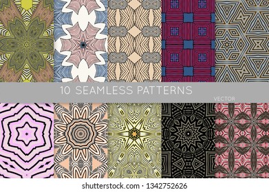 Collection of seamless patterns. Abstract design elements in set. Colored decorative repainting background with tribal and ethnic motifs 