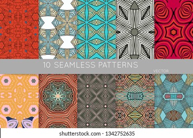 Collection of seamless patterns. Abstract design elements in set. Colored decorative repainting background with tribal and ethnic motifs 