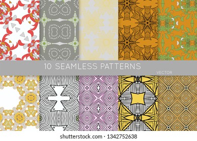 Collection of seamless patterns. Abstract design elements in set. Colored decorative repainting background with tribal and ethnic motifs 