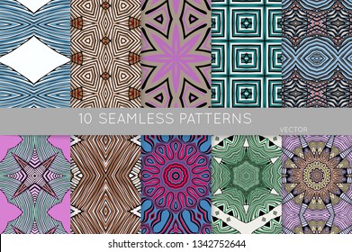 Collection of seamless patterns. Abstract design elements in set. Colored decorative repainting background with tribal and ethnic motifs 