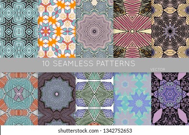 Collection of seamless patterns. Abstract design elements in set. Colored decorative repainting background with tribal and ethnic motifs 