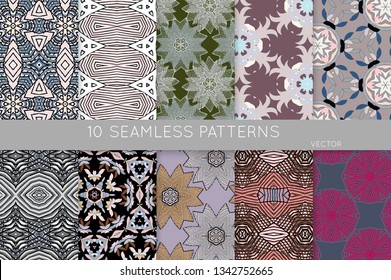 Collection of seamless patterns. Abstract design elements in set. Colored decorative repainting background with tribal and ethnic motifs 