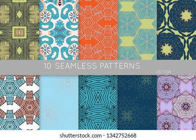 Collection of seamless patterns. Abstract design elements in set. Colored decorative repainting background with tribal and ethnic motifs 