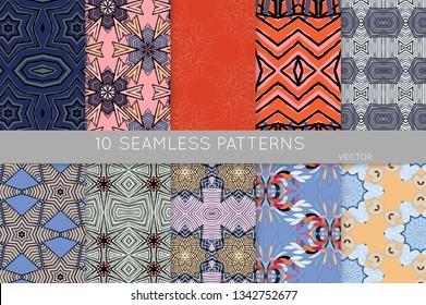 Collection of seamless patterns. Abstract design elements in set. Colored decorative repainting background with tribal and ethnic motifs 