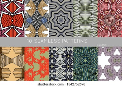 Collection of seamless patterns. Abstract design elements in set. Colored decorative repainting background with tribal and ethnic motifs 
