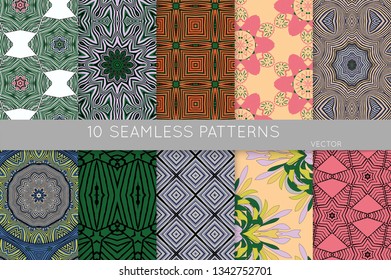 Collection of seamless patterns. Abstract design elements in set. Colored decorative repainting background with tribal and ethnic motifs 