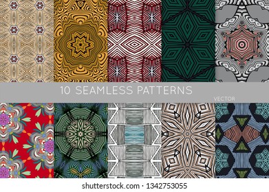 Collection of seamless patterns. Abstract design elements in set. Colored decorative repainting background with tribal and ethnic motifs