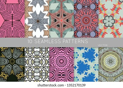 Collection of seamless patterns. Abstract design elements in set. Colored decorative repainting background with tribal and ethnic motifs 