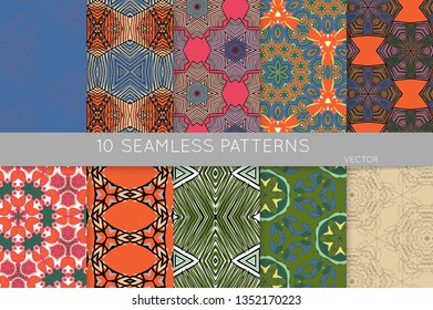 Collection of seamless patterns. Abstract design elements in set. Colored decorative repainting background with tribal and ethnic motifs 