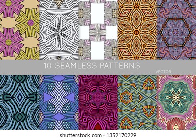 Collection of seamless patterns. Abstract design elements in set. Colored decorative repainting background with tribal and ethnic motifs 