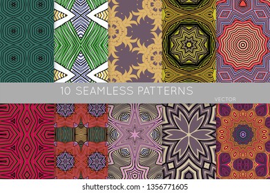 Collection of seamless patterns. Abstract design elements in set. Colored decorative repainting background with tribal and ethnic motifs 