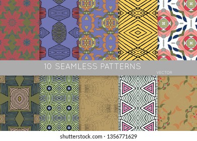 Collection of seamless patterns. Abstract design elements in set. Colored decorative repainting background with tribal and ethnic motifs 