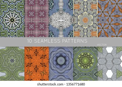 Collection of seamless patterns. Abstract design elements in set. Colored decorative repainting background with tribal and ethnic motifs 
