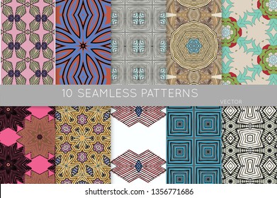 Collection of seamless patterns. Abstract design elements in set. Colored decorative repainting background with tribal and ethnic motifs 