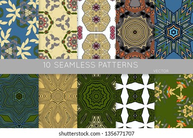 Collection of seamless patterns. Abstract design elements in set. Colored decorative repainting background with tribal and ethnic motifs 