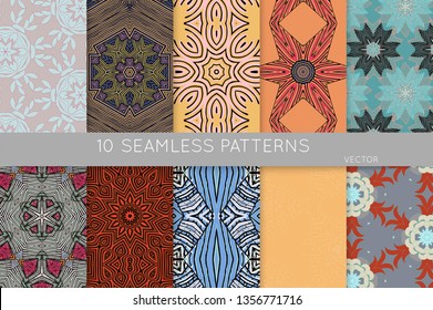 Collection of seamless patterns. Abstract design elements in set. Colored decorative repainting background with tribal and ethnic motifs 