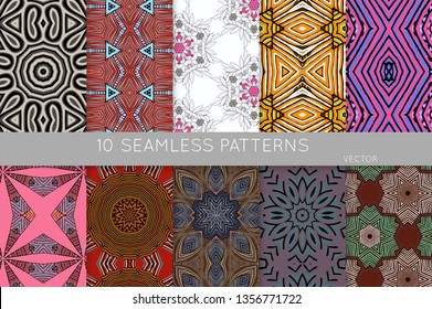 Collection of seamless patterns. Abstract design elements in set. Colored decorative repainting background with tribal and ethnic motifs 