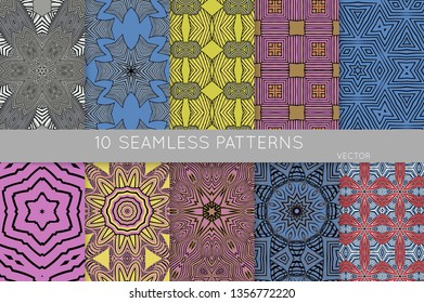 Collection of seamless patterns. Abstract design elements in set. Colored decorative repainting background with tribal and ethnic motifs