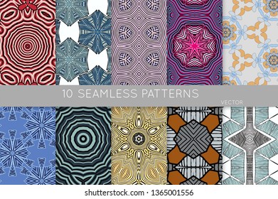 Collection of seamless patterns. Abstract design elements in set. Colored decorative repainting background with tribal and ethnic motifs 