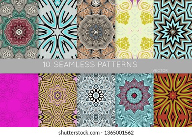 Collection of seamless patterns. Abstract design elements in set. Colored decorative repainting background with tribal and ethnic motifs 