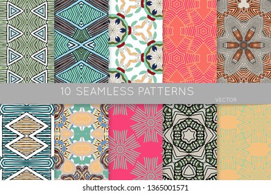 Collection of seamless patterns. Abstract design elements in set. Colored decorative repainting background with tribal and ethnic motifs 