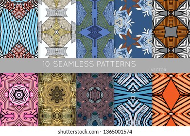 Collection of seamless patterns. Abstract design elements in set. Colored decorative repainting background with tribal and ethnic motifs 