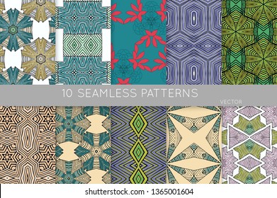 Collection of seamless patterns. Abstract design elements in set. Colored decorative repainting background with tribal and ethnic motifs 
