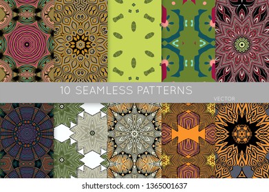 Collection of seamless patterns. Abstract design elements in set. Colored decorative repainting background with tribal and ethnic motifs 