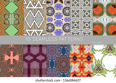 Collection of seamless patterns. Abstract design elements in set. Colored decorative repainting background with tribal and ethnic motifs 