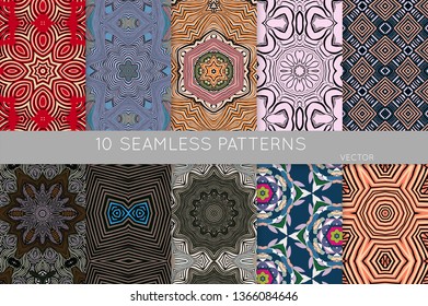 Collection of seamless patterns. Abstract design elements in set. Colored decorative repainting background with tribal and ethnic motifs 