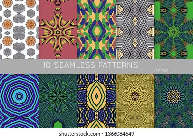 Collection of seamless patterns. Abstract design elements in set. Colored decorative repainting background with tribal and ethnic motifs 