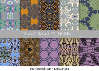 Collection of seamless patterns. Abstract design elements in set. Colored decorative repainting background with tribal and ethnic motifs 