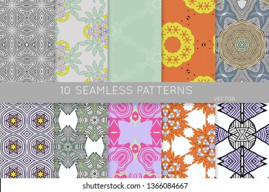Collection of seamless patterns. Abstract design elements in set. Colored decorative repainting background with tribal and ethnic motifs 