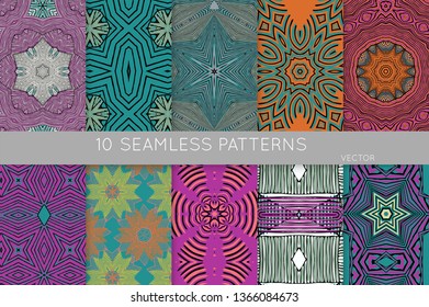 Collection of seamless patterns. Abstract design elements in set. Colored decorative repainting background with tribal and ethnic motifs 