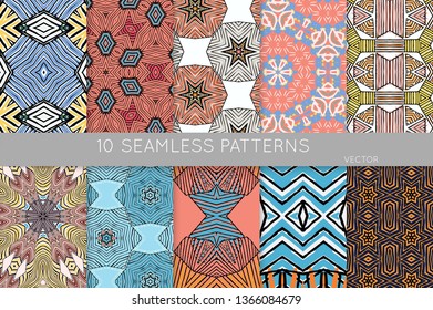 Collection of seamless patterns. Abstract design elements in set. Colored decorative repainting background with tribal and ethnic motifs 
